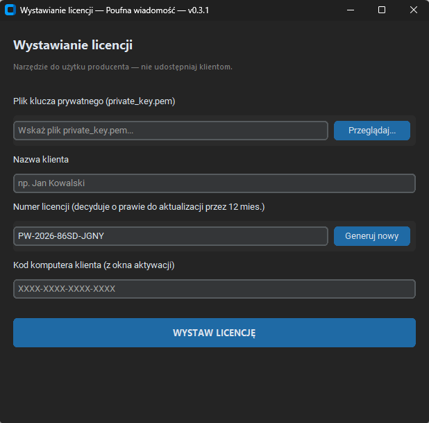 Narzędzie producenta do wystawiania licencji